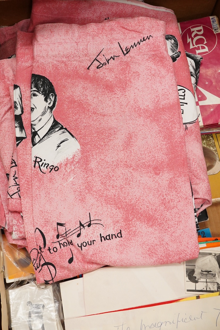 A collection of original 1960s pop memorabilia including The Beatles related items; a pair of Beatles curtains together with some spare material, a brooch on its original backing card, and a number of magazines, a 1979 W